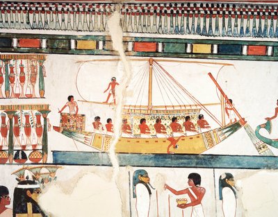 Het zonnevaartuig, detail van de pelgrimstocht naar Abydos, fresco, noordmuur, lange eetkamer, Thebaanse graf TT69, Sheikh Abd el-Qurna, Thebe (Unesco Werelderfgoedlijst) door Egyptian 18th Dynasty