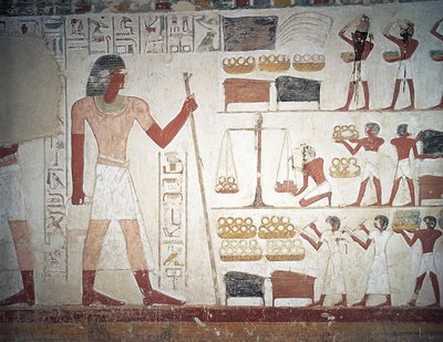 Het wegen van koper, fresco, graf van Userhat, leraar en schrijver tijdens het bewind van Amenhotep II, ook bekend als graf TT56, Sheikh Abd el-Qurna, Thebe (Unesco Werelderfgoedlijst) door Egyptian 18th Dynasty
