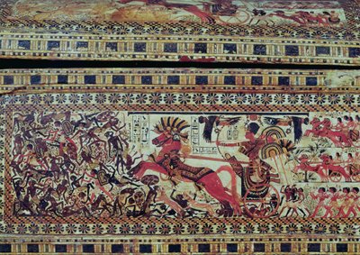 Toetanchamon op zijn strijdwagen die Afrikanen aanvalt (detail) door Egyptian 18th Dynasty
