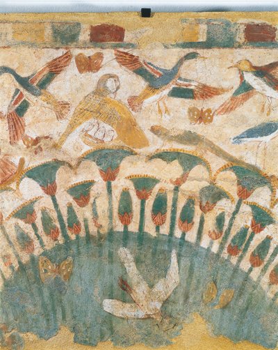 Muurschildering die flora en fauna van moerassen langs de rivier de Nijl afbeeldt, uit het graf van Neferhetep (detail) door Egyptian 18th Dynasty