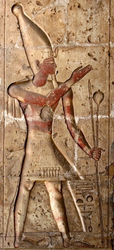 Oude Egyptische kunst: Laag reliëf op een zuil van de tempel van Sethi I (Sety of Seti I) door Egyptian 19th Dynasty