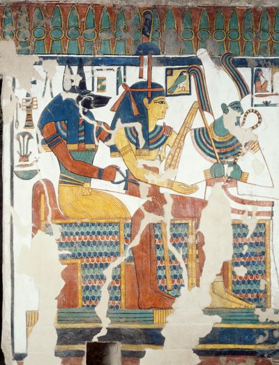 Anubis, Osiris en Nefertari, uit de tweede kamer van het Graf van Nefertari, (detail) door Egyptian 19th Dynasty
