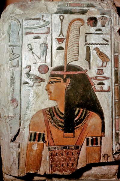 Kunst van Egypte: Graf van Sethi I (KV 17). Maat, godin van waarheid en gerechtigheid en hiërogliefen door Egyptian 19th Dynasty
