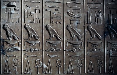 Bas-reliëf met hiërogliefen die god Horus in de vorm van een valk en ankh, symbool van het leven, afbeelden, Tempel van Seti I, of Grote Tempel van Abydos, Abydos, Egypte, Egyptische beschaving, Nieuwe Rijk, Dynastie XIX door Egyptian 19th Dynasty