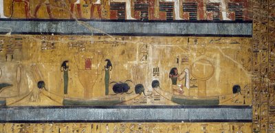 Boten met sistrums, godinnen en scarabee, god met struisvogelveer en maan op doos, fresco uit grote Hypostyle Hal van Tombe van Seti I, Vallei der Koningen, Luxor, Thebe door Egyptian 19th Dynasty
