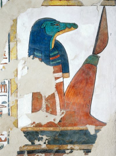 Krokodil-hoofdige bewaker van de derde poort naar het Koninkrijk van Osiris, hoofdstuk 146 van het Dodenboek, fresco, grafkamer, Graf van Nefertari, Vallei der Koninginnen, Thebe. Egyptische beschaving, Nieuwe Rijk, Dynastie XIX. door Egyptian 19th Dynasty