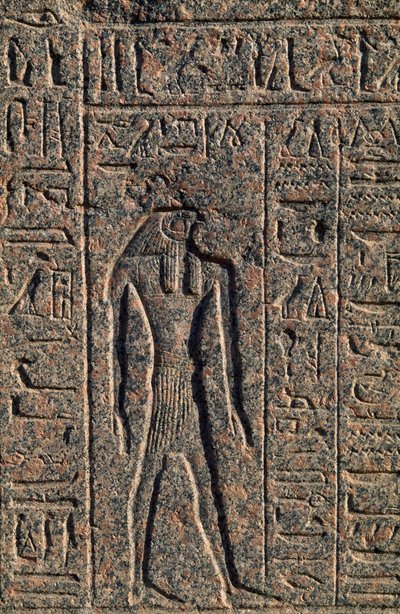 Afbeelding van Horus, detail van inscriptie en reliëf van Thoth en Horus, sarcofaag van Amenhotep, Memphis (Unesco Werelderfgoedlijst) door Egyptian 19th Dynasty