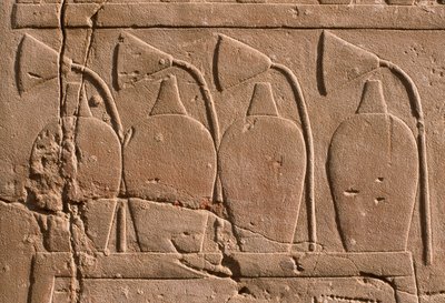 Detail van een reliëf met kruiken en lotus bloemen door Egyptian 19th Dynasty