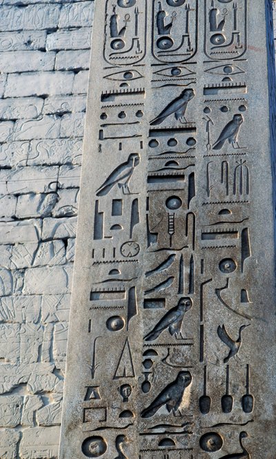 Detail van roze granieten obelisk, hoogte 25 meter, in opdracht van Ramses II, Tempel van Amon, Karnak Tempelcomplex, Luxor, Thebe (Unesco Werelderfgoedlijst) door Egyptian 19th Dynasty
