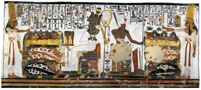 Egypte, Thebe, Luxor, Vallei der Koninginnen, graf van Nefertari, bijgebouw van voorvertrek, muurschilderingen, koningin offert voor Osiris en Atum door Egyptian 19th Dynasty