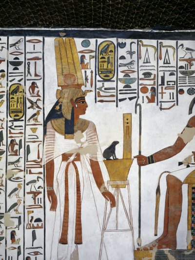 Egypte, Thebe, Luxor, Vallei der Koninginnen, Graf van Nefertari, Bijlage bij voorportaal, Muurschilderingen, Koningin voor goddelijke schrijver Thoth door Egyptian 19th Dynasty