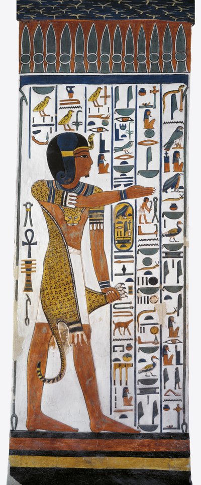Egypte, Thebe, Luxor, Vallei der Koninginnen, Graf van Nefertari, muurschildering van god Horus in grafkamer uit de 19e dynastie door Egyptian 19th Dynasty