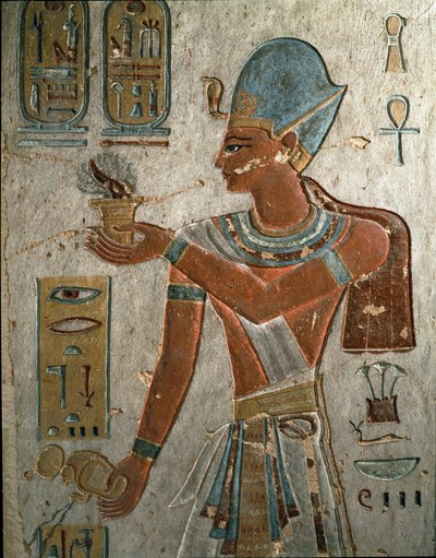 Egyptische oudheden: farao Ramses I (1320-1310 v.Chr.) brandt wierook en giet water bij een ceremonie. Graf van Ramses I, Vallei der Koningen, Egypte door Egyptian 19th Dynasty
