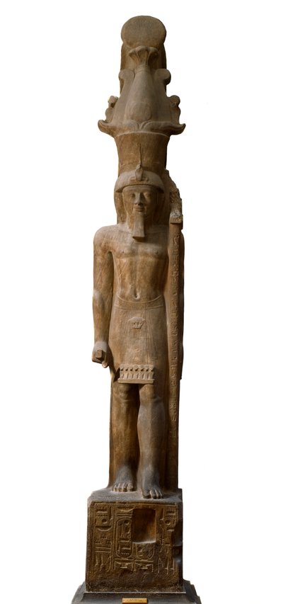 Egyptische oudheid: standbeeld van Farao Sethi II (Seti of Sety) (1200-1194 v.Chr.) van de 19e dynastie in roze gres, het draagt een scepter met het symbool van de god Amon door Egyptian 19th Dynasty