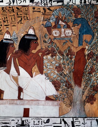 Godin Isis, verschijnend aan Sennedjem en zijn vrouw in heilige sycamore, Graf van Sennedjem, ook bekend als TT1 graf, daterend uit het bewind van Ramses II, Deir el-Medina, Thebaanse Necropolis, Egyptische beschaving, Nieuwe Rijk, Dynastie XIX door Egyptian 19th Dynasty