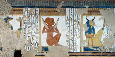 Henty-Reki, bewaker van de vijfde Poort van het Koninkrijk van Osiris, en de os-hoofdige bewaker van de vierde poort, fresco