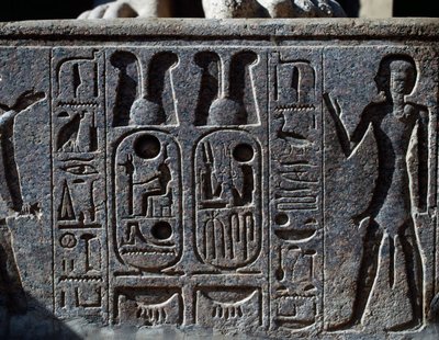Hiërogliefen, detail van hoef van kolossaal standbeeld van koning, Ramesses II Binnenplaats, Tempel van Amon (Unesco Werelderfgoedlijst) door Egyptian 19th Dynasty
