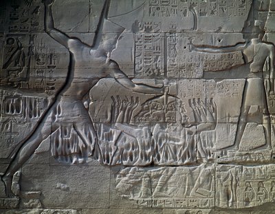 Libische gevangenen, reliëf, buitenmuur van de Grote Hypostyle Hal, Tempel van Amon, Karnak Tempelcomplex (Unesco Werelderfgoedlijst) door Egyptian 19th Dynasty
