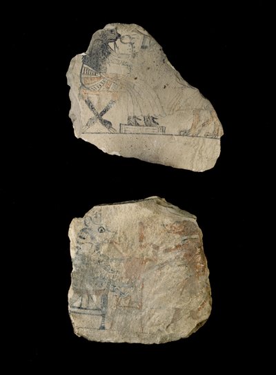 Kalkstenen ostraca met humoristische schetsen in rode en zwarte inkt door Egyptian 19th Dynasty