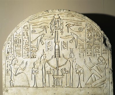 Kalkstenen stèle van Perinefer, met Isis en Neftis die een fetisj aanbidden die Osiris vertegenwoordigt, uit Abydos, Regering van Ramses II door Egyptian 19th Dynasty