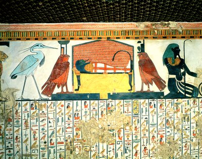 Mummie op een begrafenisbed met verschillende godheden, uit het graf van Nefertari, Nieuwe Koninkrijk door Egyptian 19th Dynasty