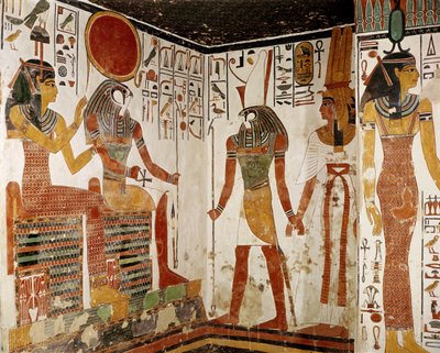 Nefertari wordt voor de god Re-Horakhty gebracht door Horus, uit het graf van Nefertari, Nieuwe Koninkrijk door Egyptian 19th Dynasty