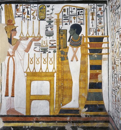 Nefertari brengt een offer van linnen aan Ptah (detail) door Egyptian 19th Dynasty