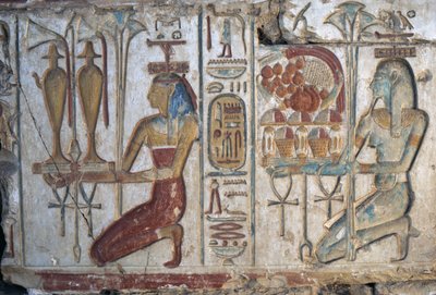 Offerscène, reliëf, Tempel van Ramses II, Abydos, Egypte, Egyptische beschaving, Nieuwe Rijk, Dynastie XIX (foto) door Egyptian 19th Dynasty