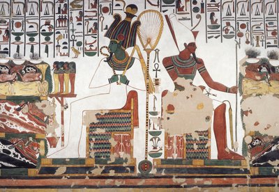 Osiris en Atum, fresco, oostmuur, oostelijke zijkamer, Graf van Nefertari (QV66), Vallei der Koninginnen, Thebe (Unesco Werelderfgoedlijst) door Egyptian 19th Dynasty