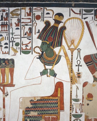 Osiris, fresco, oostmuur, oostzijde kamer, Tombe van Nefertari (QV66), Vallei der Koninginnen, Thebe (Unesco Werelderfgoedlijst) door Egyptian 19th Dynasty