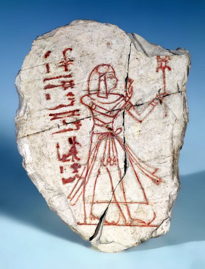 Ostrakon met een mannelijk figuur, uit Deir El-Medina (beschilderd kalksteen) door Egyptian 19th Dynasty