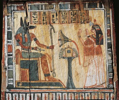 Geschilderde houten doos met afbeelding van overledene en god Anubi, voor shabtis van Tamutnofret door Egyptian 19th Dynasty