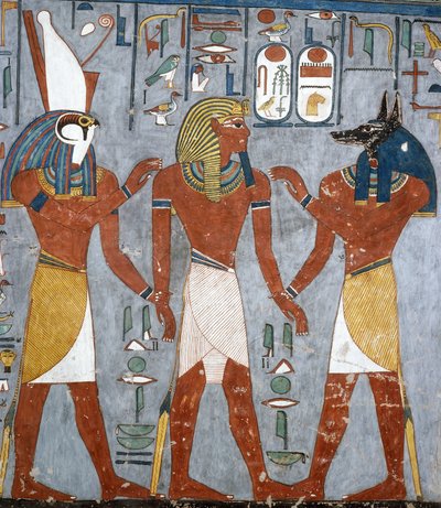 Ramses I tussen Horus en Anubis, fresco, grafkamer, Tombe van Ramses I, Vallei der Koningen, Thebe door Egyptian 19th Dynasty