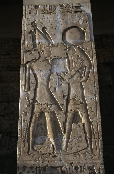 Reliëf dat de farao met god Horus toont, portiek van de Tempel van Seti I door Egyptian 19th Dynasty