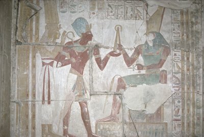 Reliëf van Isis, die Sethos I (1303-1290 v.Chr.) aan Horus presenteert, Nieuwe Koninkrijk door Egyptian 19th Dynasty