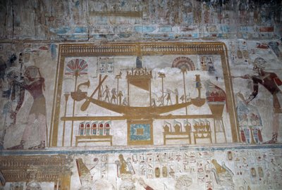Heilige boot, bas-reliëf, kapel van Osiris, Tempel van Seti I door Egyptian 19th Dynasty