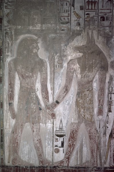 Seti I (1303-1290 v.Chr.) en Anubis in het Graf van Seti, Nieuwe Koninkrijk door Egyptian 19th Dynasty