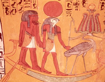 Zonnebark met Re-Horakhty, de benuvogel en vier andere goden, uit het graf van Sennedjem door Egyptian 19th Dynasty