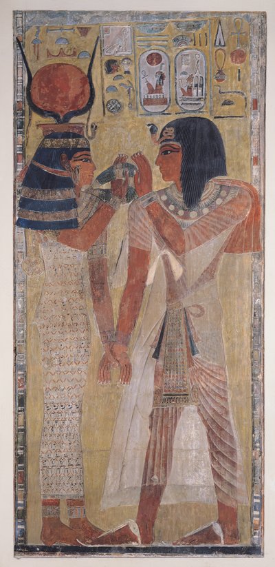 De godin Hathor plaatst de magische kraag op Seti I (ca. 1394-1279 v.Chr.), uit het graf van Seti I in de Vallei der Koningen, Nieuwe Rijk door Egyptian 19th Dynasty