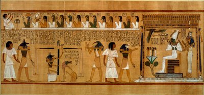 Het wegen van het hart tegen de veer van de waarheid van Maät, uit het Dodenboek van de Koninklijke Schrijver Hunefer door Egyptian 19th Dynasty