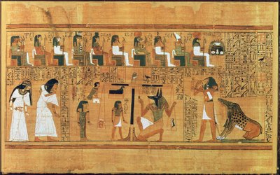 Het wegen van het hart tegen de veer van de waarheid, uit het Dodenboek van de schrijver Any, ca. 1250 v.Chr. door Egyptian 19th Dynasty