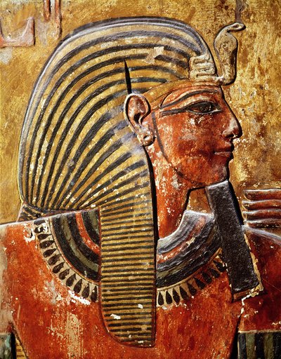 Het hoofd van Seti I (r.1294-1279 v.Chr.) uit het graf van Seti, Nieuwe Koninkrijk (muurschildering) door Egyptian 19th Dynasty