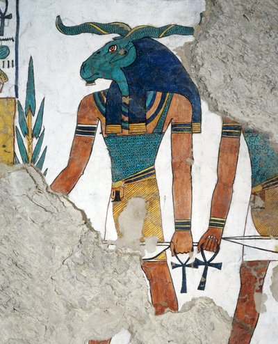 De boodschapper met een ramshoofd, derde deur van het Koninkrijk van Osiris, hoofdstuk 144 van het Dodenboek, fresco, grafkamer, Graf van Nefertari (QV66), Vallei der Koninginnen, Thebe. Egyptische beschaving, Nieuwe Koninkrijk, Dynastie XIX. door Egyptian 19th Dynasty