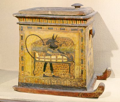 Anubis mummificeert de overledene, van een kist gewijd aan Nefertari, Nieuwe Rijk (hout) door Egyptian 20th Dynasty