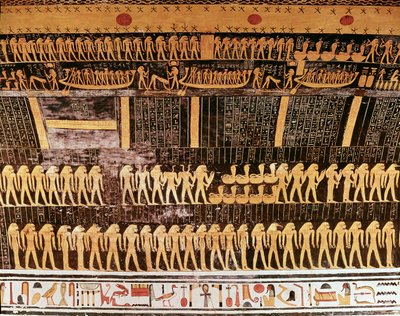 Detail uit het Boek van de Dag van het plafond van de grafkamer van het graf van Ramses VI (r.1143-1136 v.Chr.) Nieuwe Koninkrijk (muurschildering) door Egyptian 20th Dynasty
