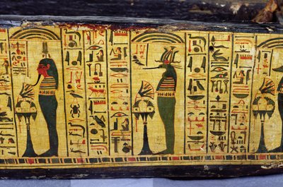 Detail van de buitenste kistbasis van de mummie van Nesyamun, mogelijk gevonden in Deir El-Bahri, Nieuwe Koninkrijk, circa 1100 v.Chr. (beschilderd hout) door Egyptian 20th Dynasty