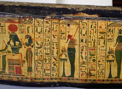 Detail van de buitenste kistbasis van de mummie van Nesyamun, mogelijk gevonden in Deir El-Bahri, Nieuwe Koninkrijk, circa 1100 v.Chr. (beschilderd hout) door Egyptian 20th Dynasty