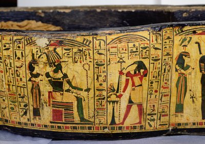 Detail van de buitenste kistbasis van de mummie van Nesyamun, mogelijk gevonden in Deir El-Bahri, Nieuwe Koninkrijk, c.1100 v.Chr. door Egyptian 20th Dynasty