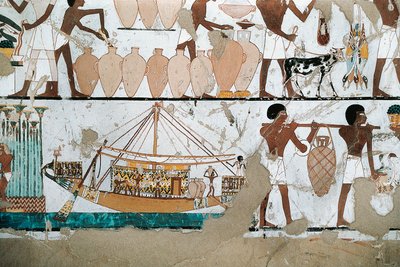 Muurschildering met scène van wijntransport per boot, uit het Nieuwe Rijk door Egyptian 20th Dynasty