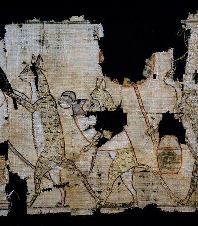Papyrus met satirische scène, ca. 1100 v.Chr., daterend uit het bewind van Ramses IX, detail, Egyptische beschaving, Nieuwe Rijk, Dynastie XX door Egyptian 20th Dynasty